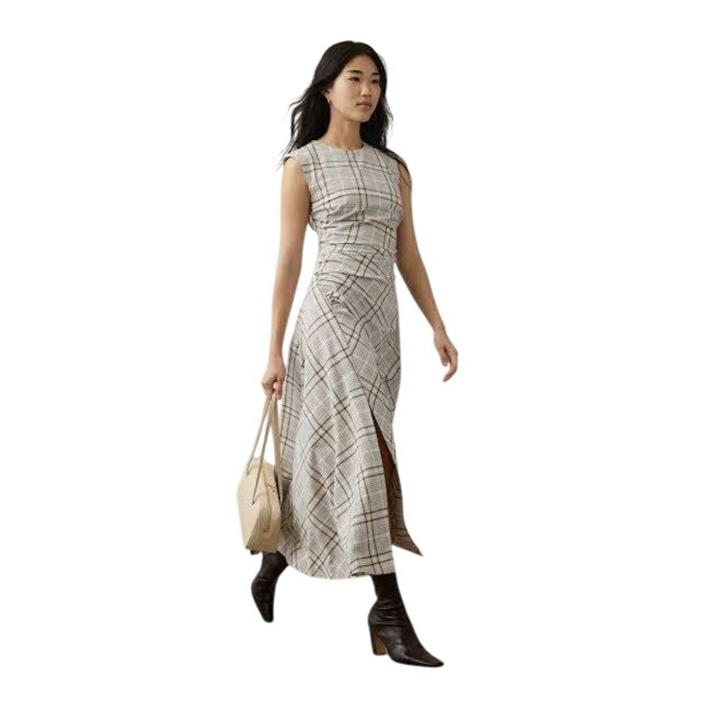 Banana Republic Plaid Midi Dress Womens 8 Tall Beige Ruched Workwear Academia